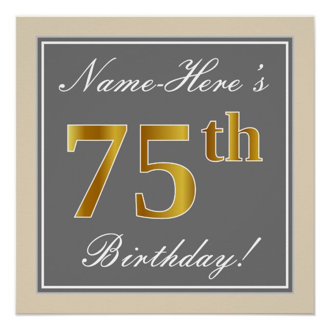 Poster Elégant, gris, Faux Or 75ème anniversaire + Nom (Devant)