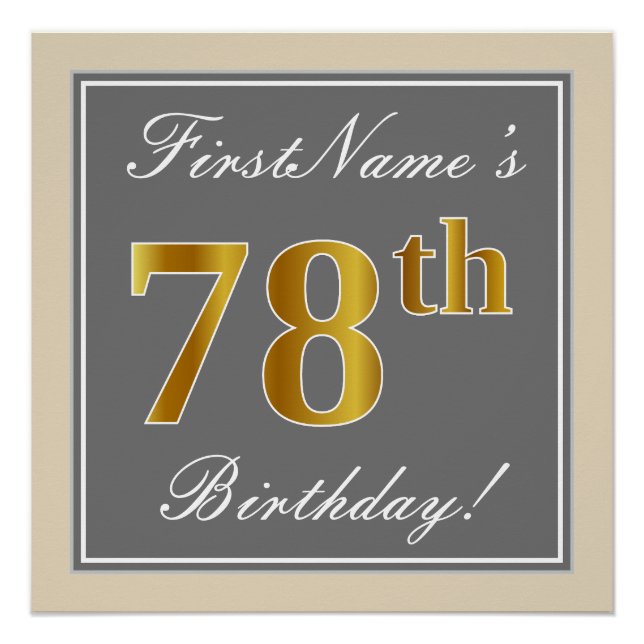 Poster Elégant, gris, Faux Or 78ème anniversaire + Nom (Devant)