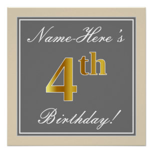 Poster Élégant, Gris, Or Faux 4e Anniversaire; Nom Person