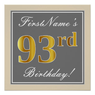Poster Élégant, Gris, Or Faux 93e Anniversaire + Nom