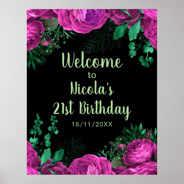 Poster Elegant Hot Pink Flowers Birthday Party Welcome  (Devant)