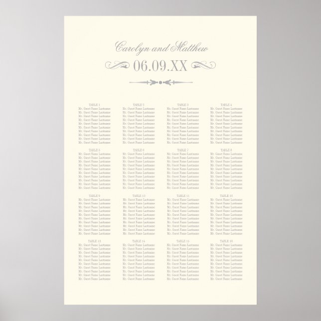 Poster Elégant ivoire Argent Flourish Mariage Siège (Devant)
