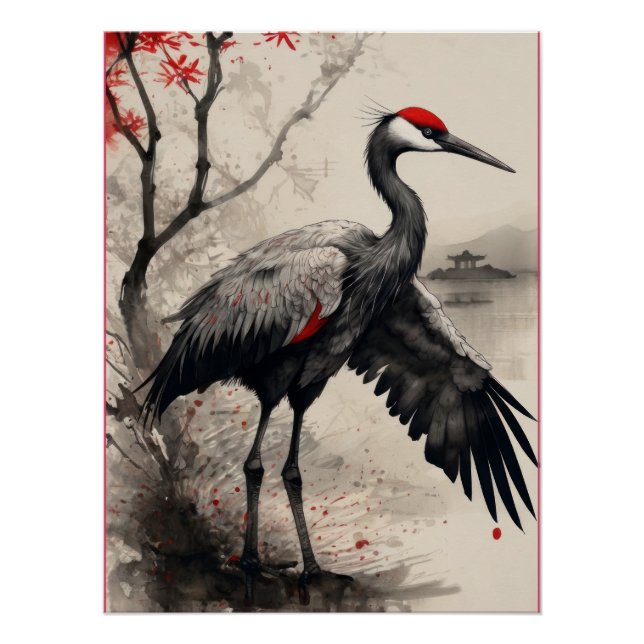 Poster Elegant Japanese Red-Crowned Crane & Maple Tree (Devant)