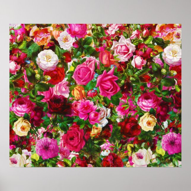 Poster Élégant jardin fleuri Vintage Rose (Devant)