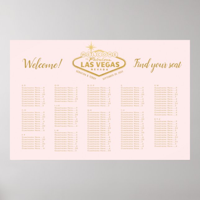 Poster Elégant Las Vegas Mariage Pink Gold Seize Chart (Devant)