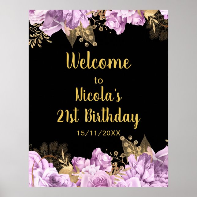 Poster Elegant Lilac and Gold Flowers Birthday Party (Devant)