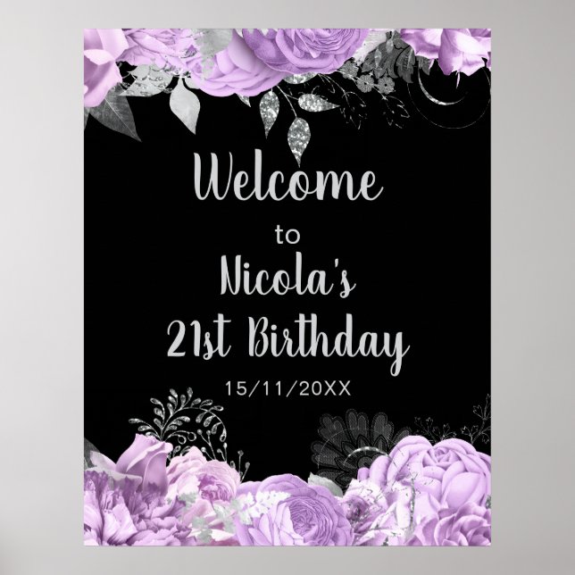 Poster Elegant Lilac and Silver Flowers Birthday Party (Devant)