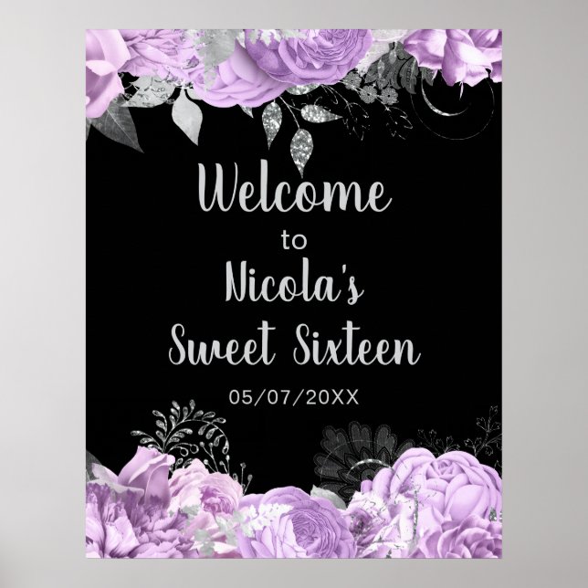 Poster Elegant Lilac and Silver Flowers Sweet Sixteen (Devant)