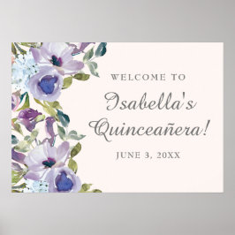 Poster Elégant Lilac Blue Floral Quinceañera Bienvenue