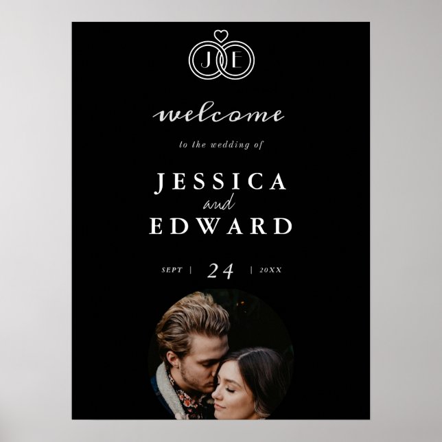 Poster Élégant Luxe Noir Blanc Monogramme Photo Mariage (Devant)