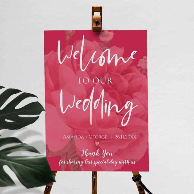 Poster Elégant Magenta Floral Bienvenue À Notre Mariage (Créateur téléchargé)