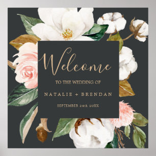 Poster Élégant Magnolia   Mariage de bienvenue noir et bl
