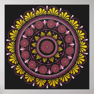 Poster Elégant Mandala d'or rose, Boho Zen Dot Art Flower