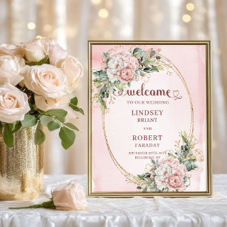 Poster Élégant Mariage Bienvenue Fleurs Blush Paillettes