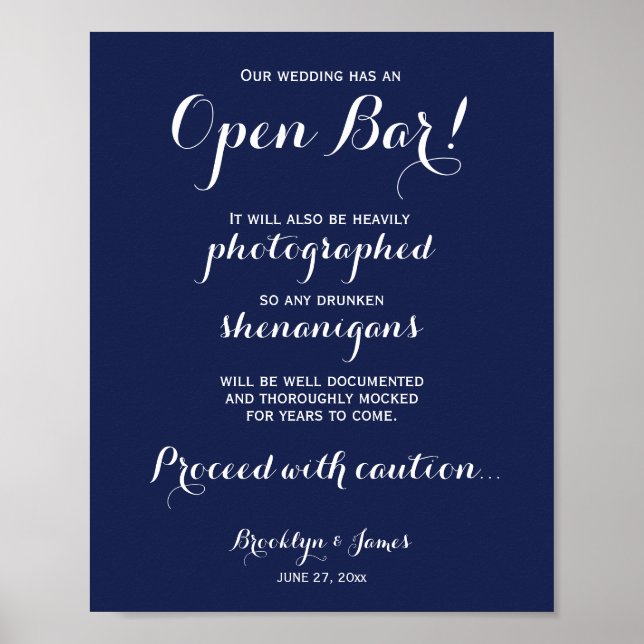 Poster Élégant Mariage bleu marine Open Bar Sign 8x10 (Devant)