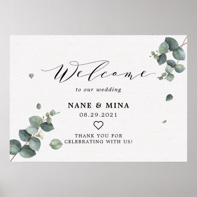 Poster Élégant Mariage de bienvenue Eucalyptus (Devant)
