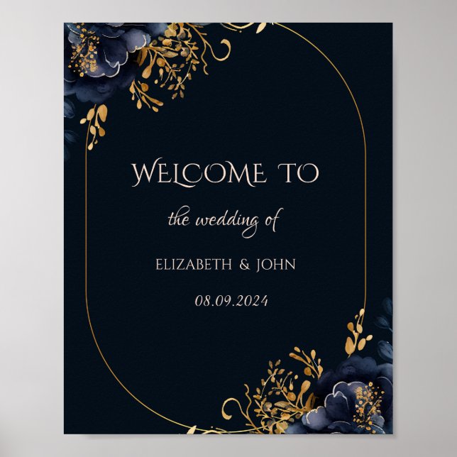 Poster Élégant Mariage de fleurs bleues de la marine (Devant)