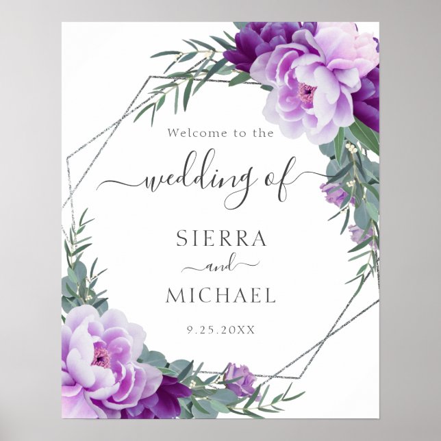 Poster Elégant Mariage d'Eucalyptus Floral Argent & Viole (Devant)