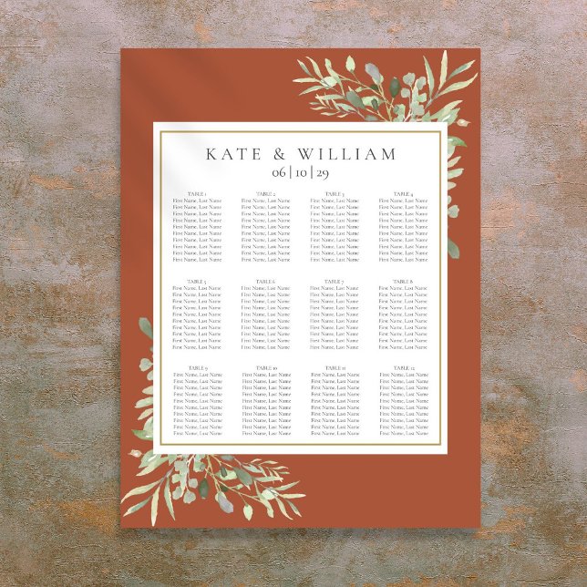 Poster Élégant Mariage en terre cuite (Elegant Terracotta Greenery Wedding Seating Chart)