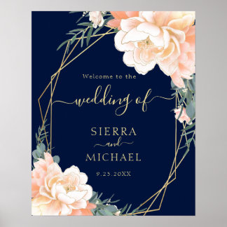 Poster Élégant Mariage floral bleu bleu marine