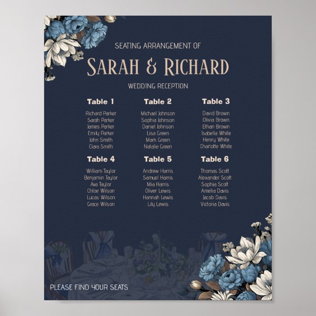 Poster Élégant Mariage floral bleu marine (Devant)