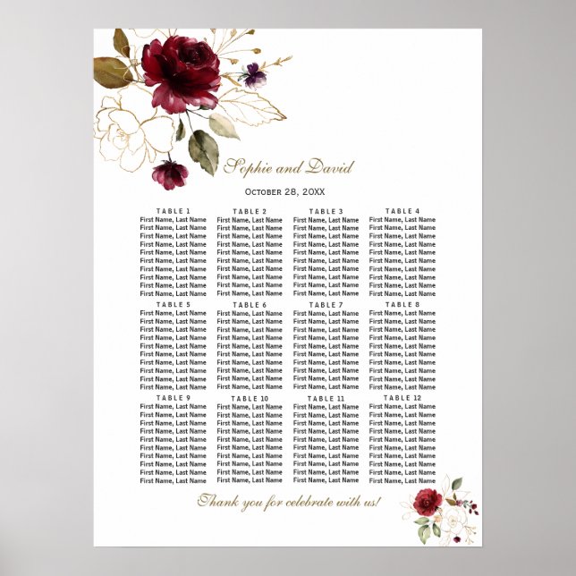 Poster Élégant Mariage floral or de Bourgogne (Devant)