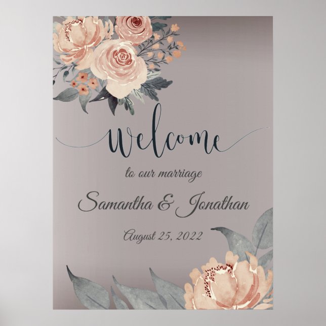 Poster Élégant Mariage floral rose argenté romantique (Devant)