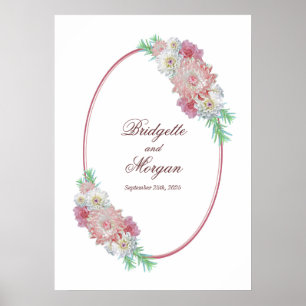 Poster Élégant Mariage floral rose de la frontière ovale