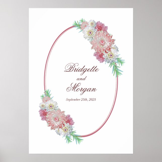 Poster Élégant Mariage floral rose de la frontière ovale (Devant)