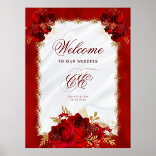 Poster Élégant Mariage Floral Rouge or