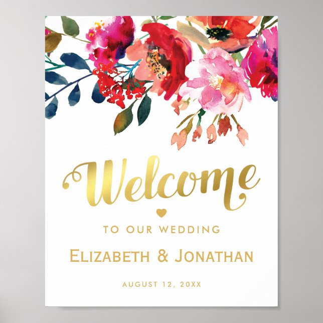 Poster Élégant Mariage Floral White Gold Welcome (Devant)