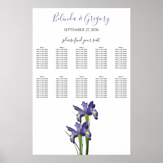Poster Élégant Mariage Iris Purple Carte de siège (Devant)