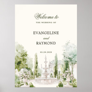 Poster Élégant mariage manoir jardin aquarelle