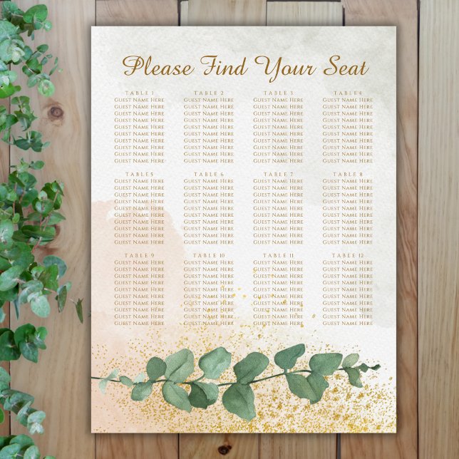 Poster Élégant Mariage Vert & Or (Elegant Green & Gold Photo Wedding Seating Chart (12 Tables))
