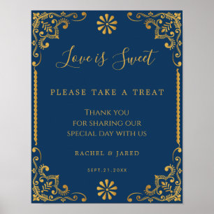 Poster Élégant Marine Blue Gold Frame Mariage Faveurs Sig