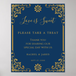 Poster Élégant Marine Blue Gold Frame Mariage Faveurs Sig