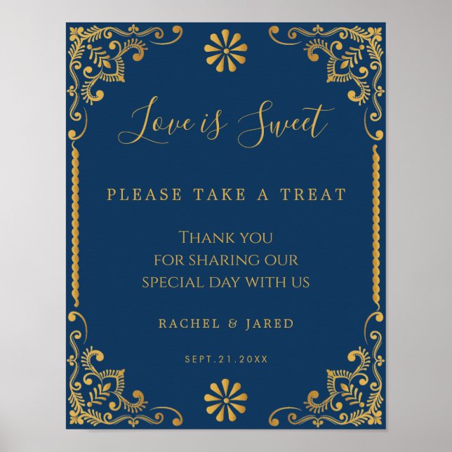 Poster Élégant Marine Blue Gold Frame Mariage Faveurs Sig (Devant)