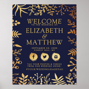 Poster Elégant Marine & Gold Floral Mariage Bienvenue