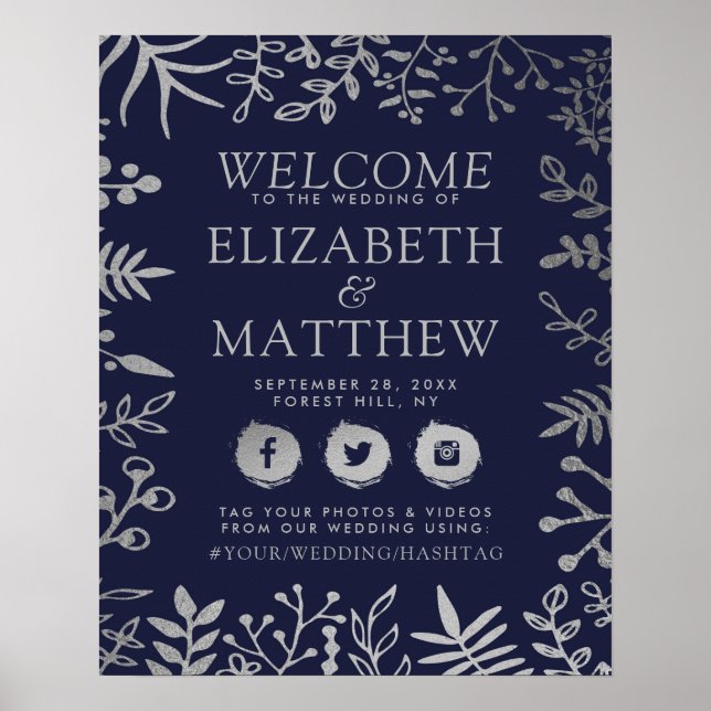Poster Elégant Marine & Silver Floral Mariage Bienvenue (Devant)