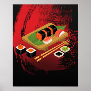 Poster Élégant Moderne Chic Sushi Noir & Rouge