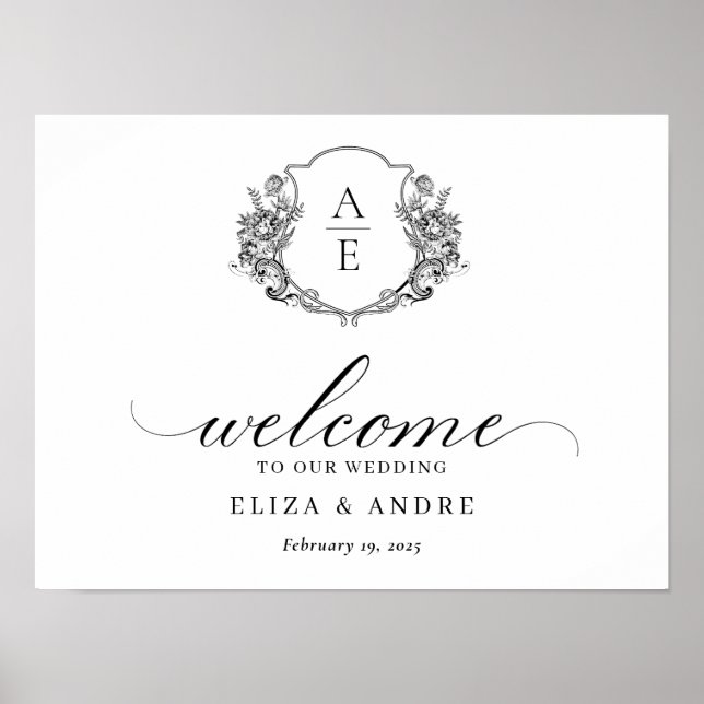 Poster Élégant Monogram Crest Mariage de bienvenue (Devant)