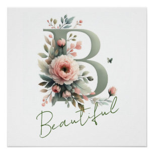 Poster Élégant Monogramme B Classique Pastel Rose Chic Pe