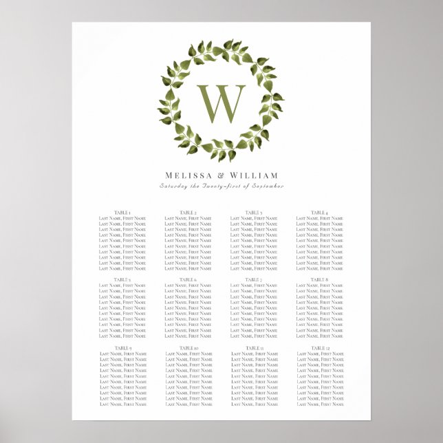 Poster Élégant Monogramme de couronne Mariage vert Siège (Devant)