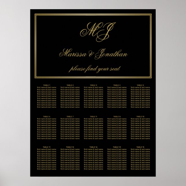 Poster Élégant Monogramme d'or noir Mariage de script Siè (Devant)