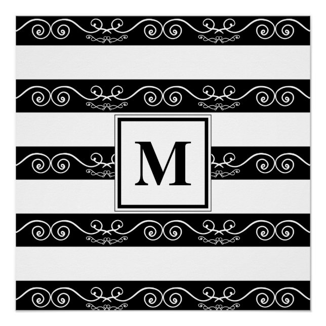 Poster Élégant monogramme noir blanc rayé design (Devant)