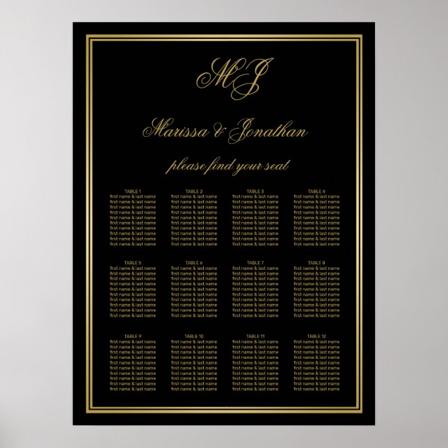 Poster Elégant Monogramme Or Noir Cadre Mariage Siège (Devant)