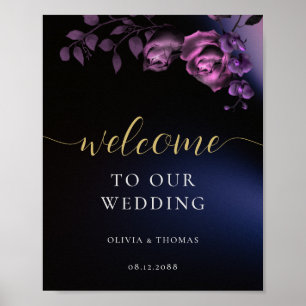 Poster Élégant Moody moderne noir violet Mariage Floral