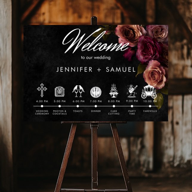 Poster Elégant Moody Muted Rust Bourgogne Ordre des événe (Elegant Moody Muted Rust & Burgundy Floral Wedding Poster)