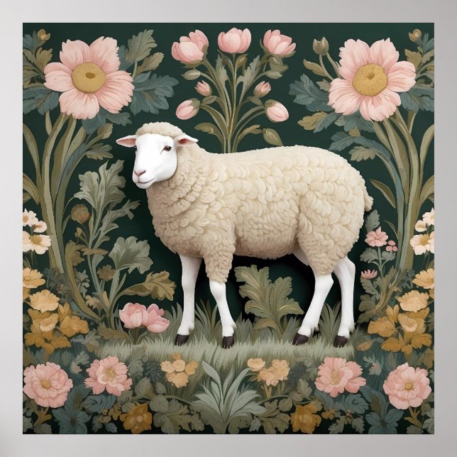 Poster Elégant mouton blanc William Morris inspiré (Devant)