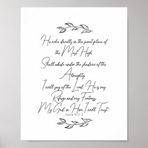 Poster Élégant noir et blanc Feuilles Psaume 91 Chrétien